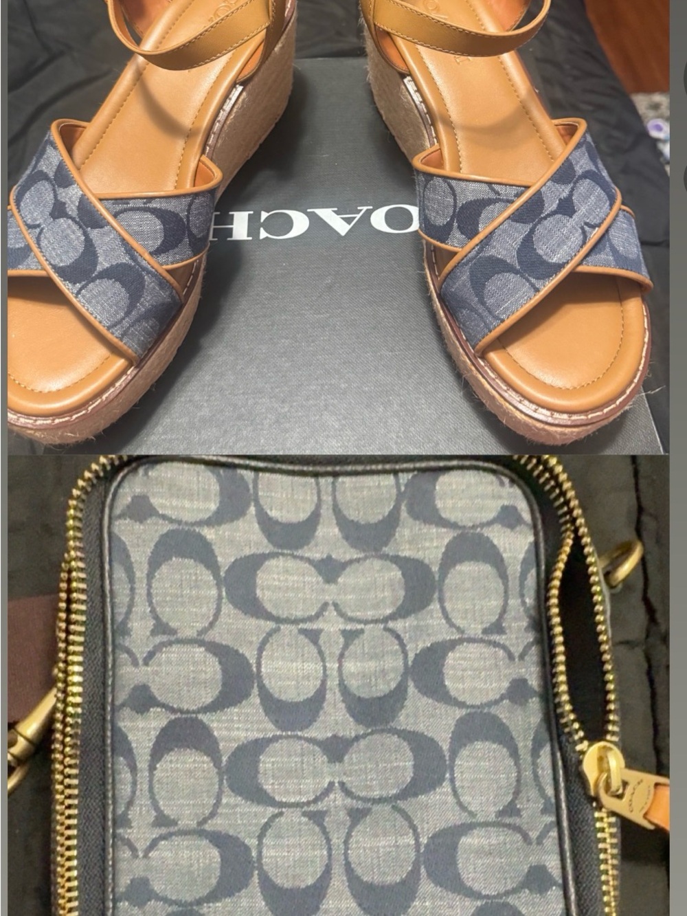 Coach Navy Signature Wedge Sandals with Tan Trim and Matching Navy Crossbody